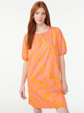 Free Assembly NWOT❗️Shirred Neck Pink Orange Floral Short Sleeve Shift Dress